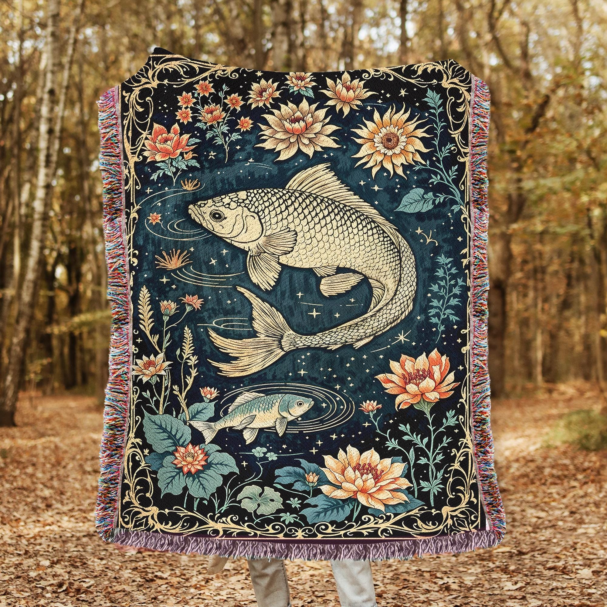 Koi Fish Pond Floral Fringe Throw Blanket, Gothic Witchy Picnic Blanket, Cottagecore Woven Soft Flannel Throw, Bedroom Lounge Home Decor