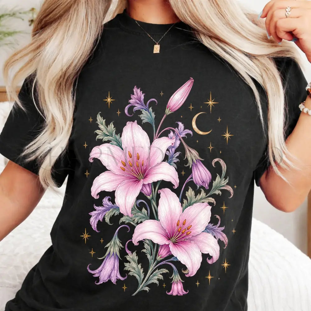 Enchanted Pink Lilies T-Shirt - Black / S - T-Shirt
