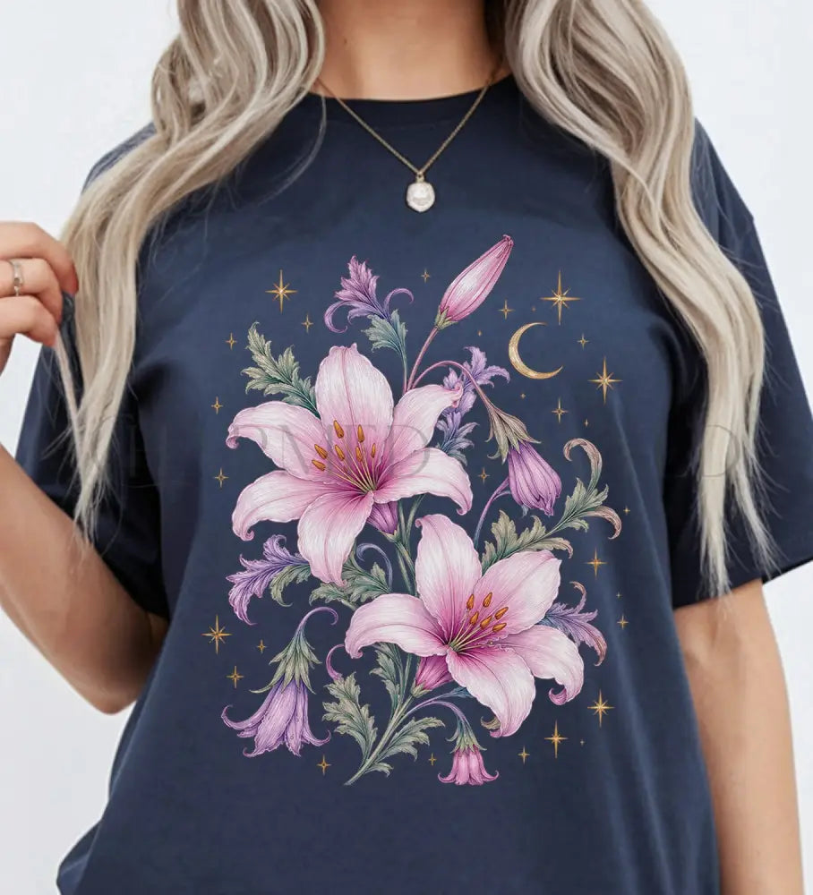 Enchanted Pink Lilies T-Shirt - Navy / S - T-Shirt