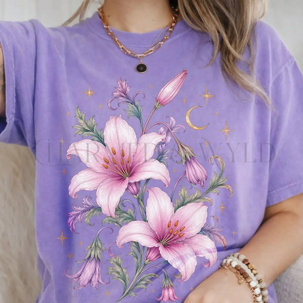Enchanted Pink Lilies T-Shirt - Violet / S - T-Shirt