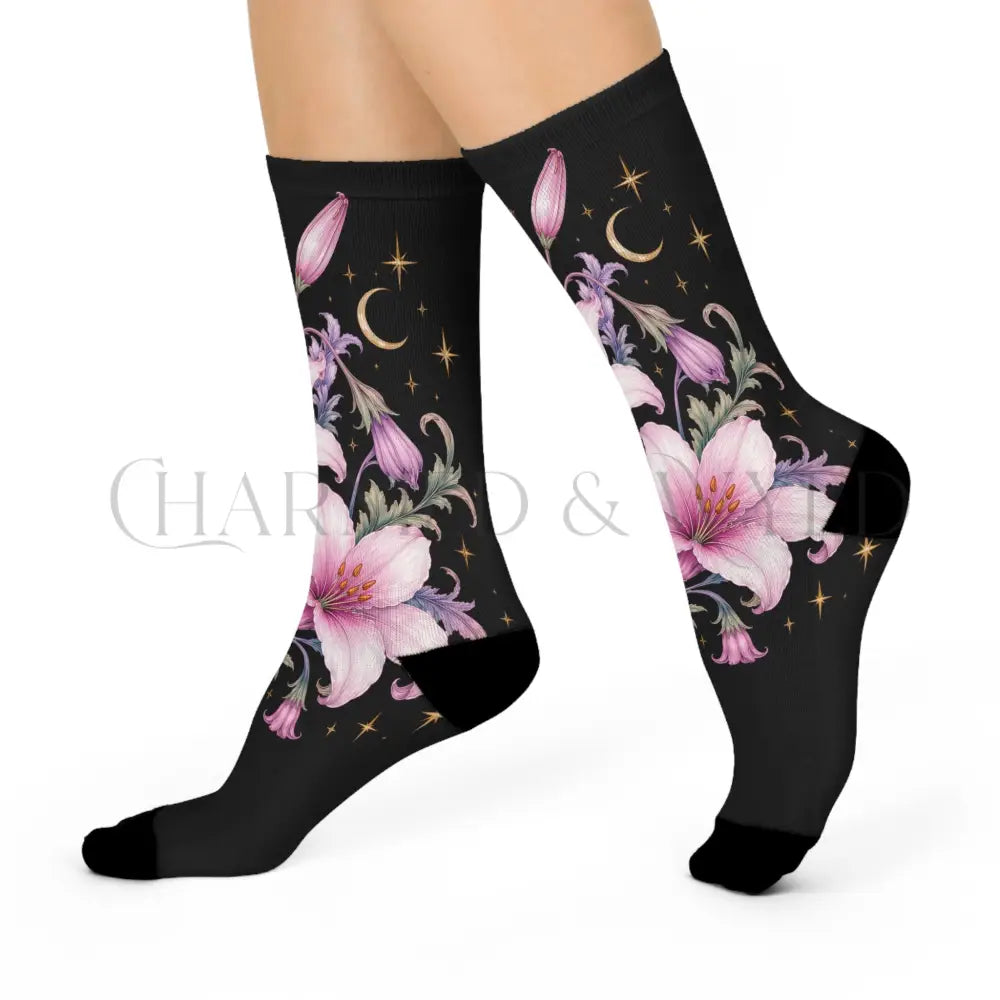Enchanted Pink Lillies Floral Socks - One size / 3/4 Crew - All Over Prints