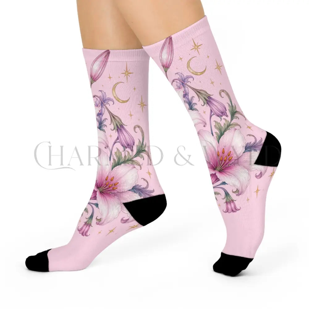 Enchanted Pink Lillies Floral Socks - One size / 3/4 Crew - All Over Prints
