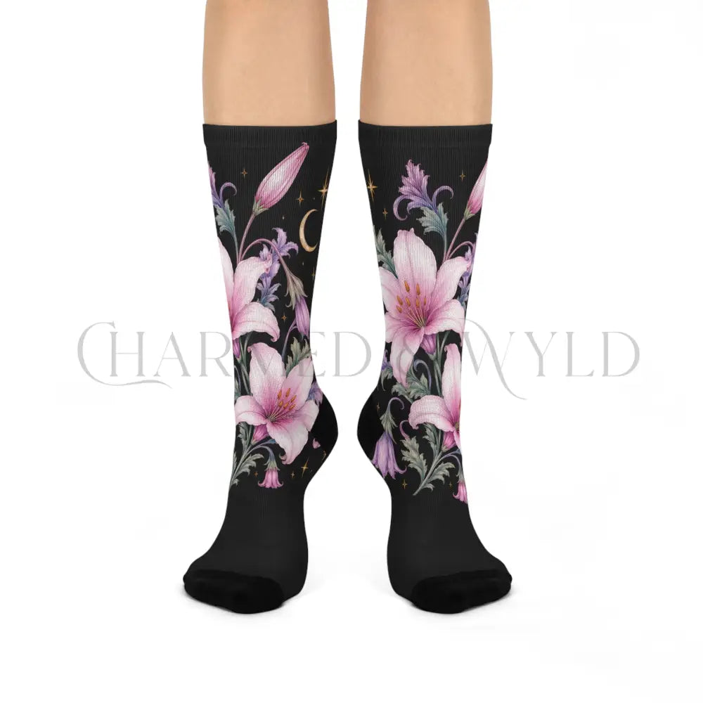 Enchanted Pink Lillies Floral Socks - One size / 3/4 Crew - All Over Prints