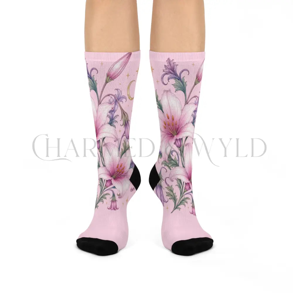 Enchanted Pink Lillies Floral Socks - One size / 3/4 Crew - All Over Prints