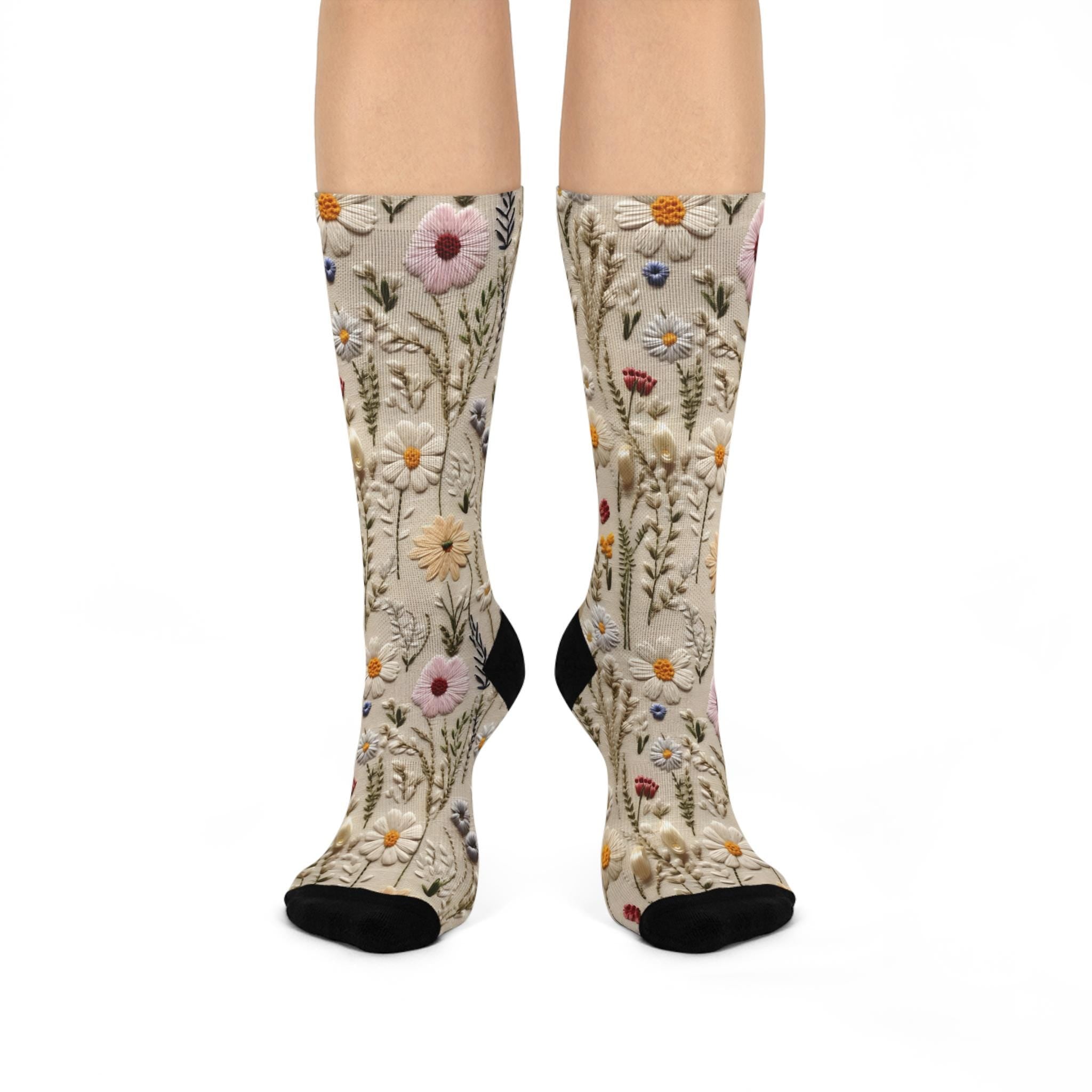 Faux Embroidery Look Floral Socks, Wildflower Cottagecore Witchy Socks, Emo Punk Gothic Fashion, Hippie Womens Adults Unisex Socks