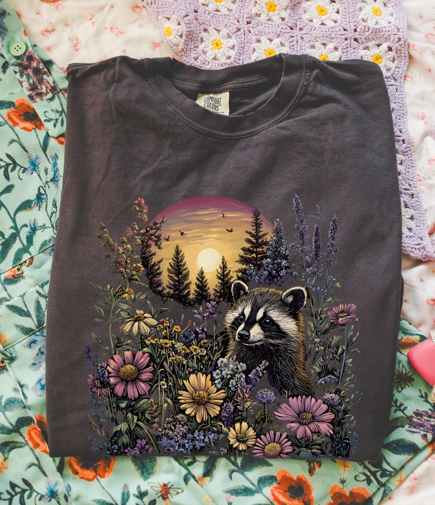 Raccoon Wildflower T-shirt, Comfort Colors Cottagecore Graphic Tee, Gothic Forest Floral Botanical Witchy Animal Womens Top