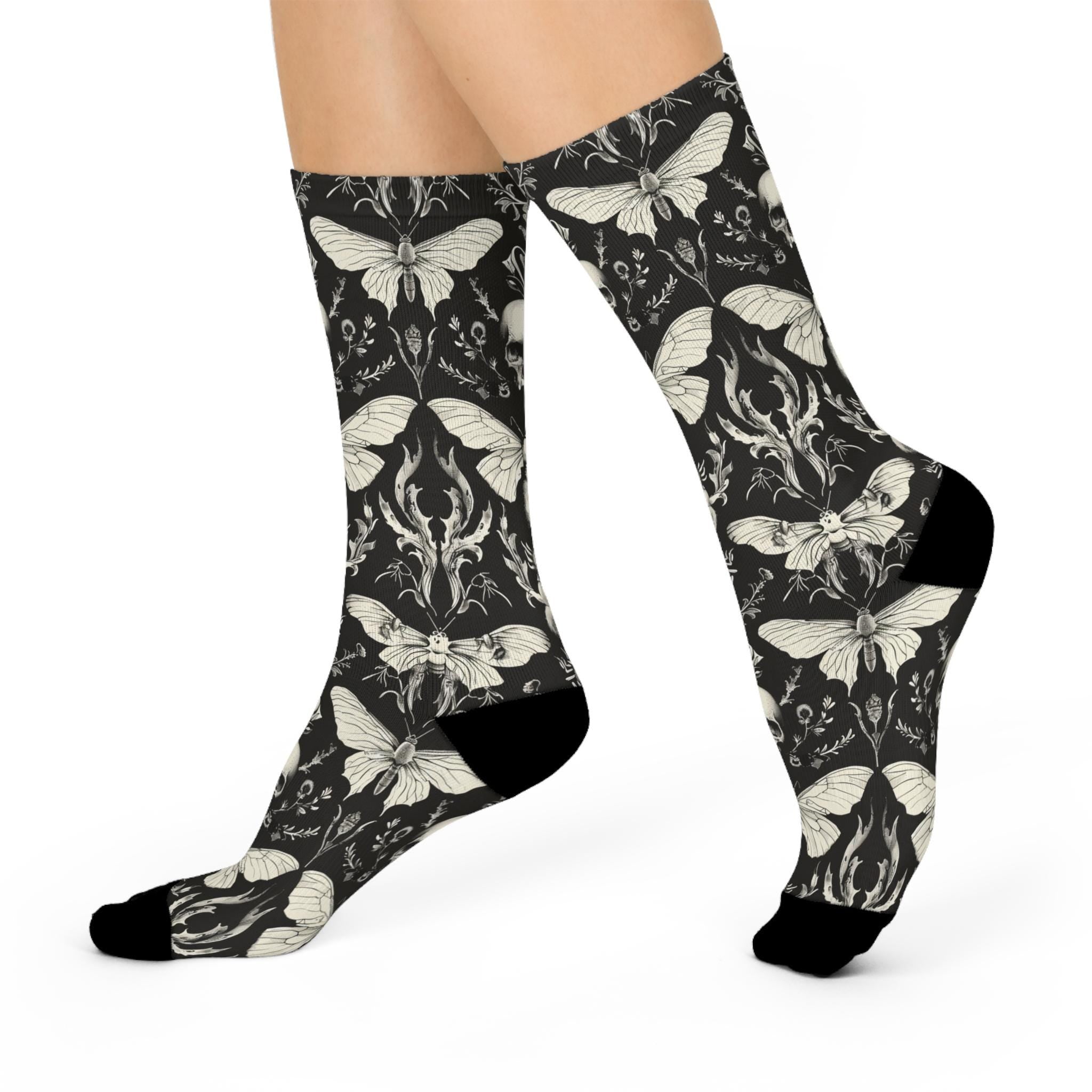 Gothic Skull Moth Socks, Cottagecore Witchy Socks, Emo Punk Gothic Fashion, Hippie Womens Adults Unisex Socks