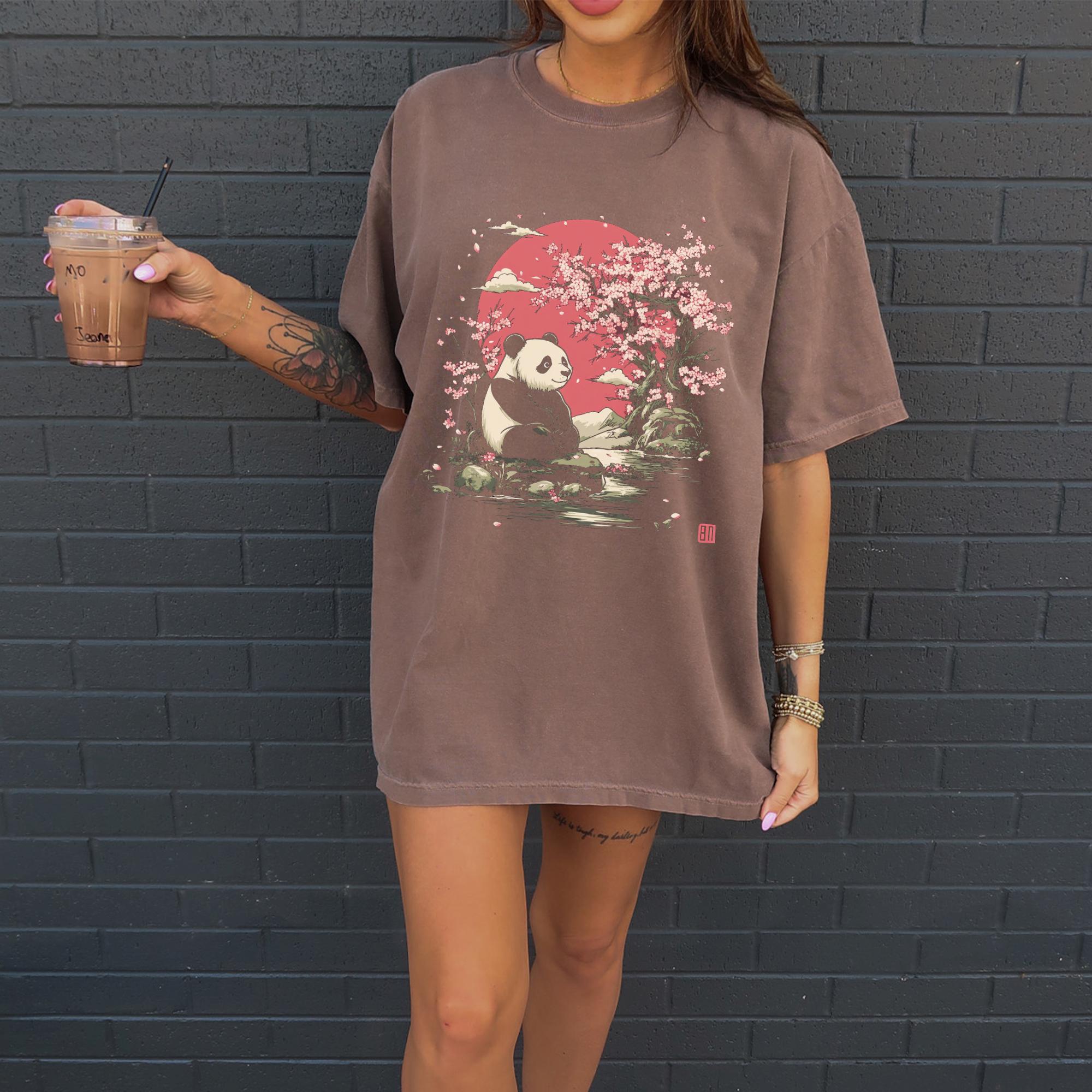 Panda Cherry Blossom T-shirt, Comfort Colors Wildflower Graphic Tee, Japanese Japandi Sakura Cottagecore Animal Womens Top