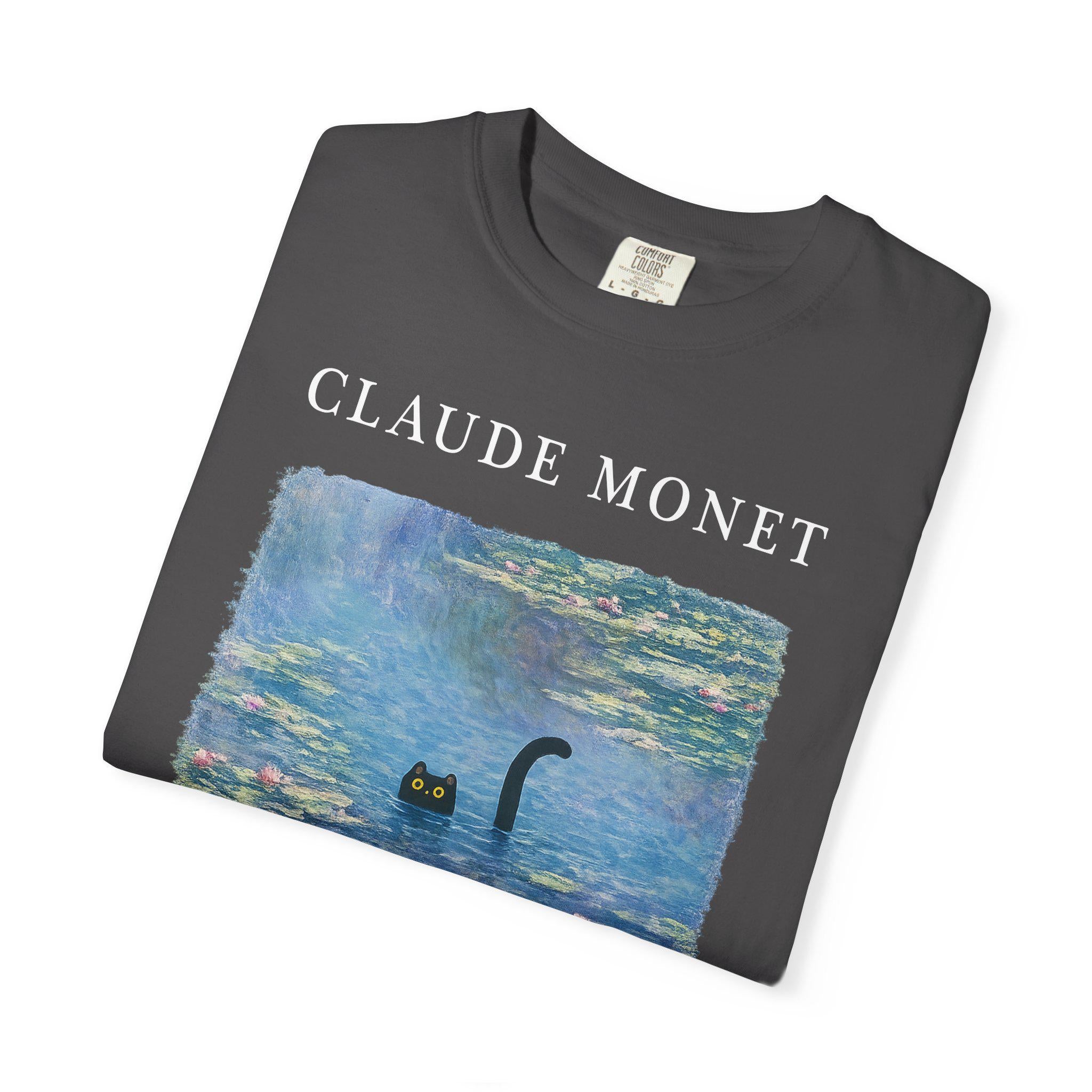 Claude Monet Inspired Black Cat T-shirt, Comfort Colors Bohemian Vintage Art Graphic Tee, Botanical Waterlily Animal Womens Top