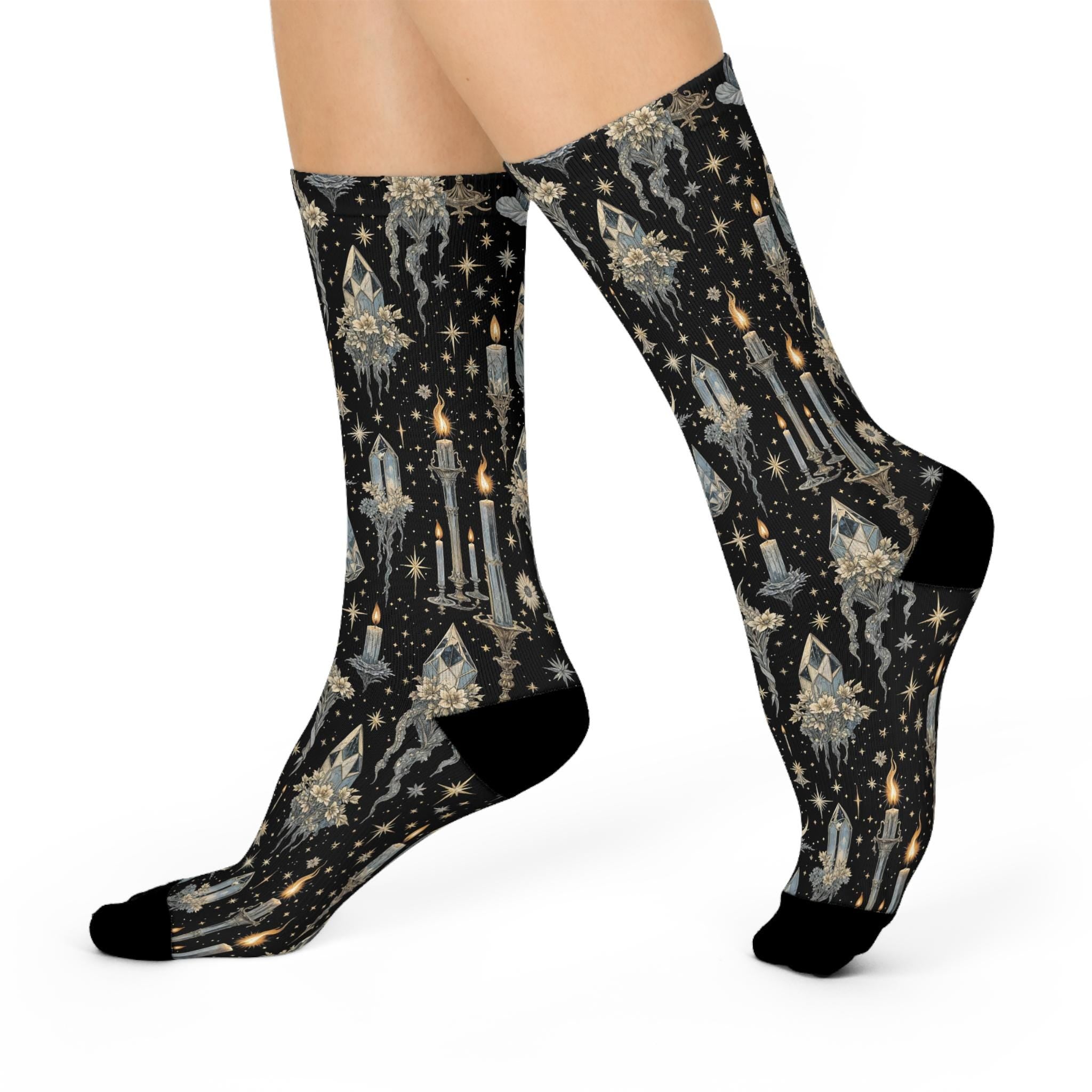 Crystal Skulls Socks, Cottagecore Witchy Socks, Emo Punk Gothic Fashion, Celestial Mens Womens Adults Unisex Socks