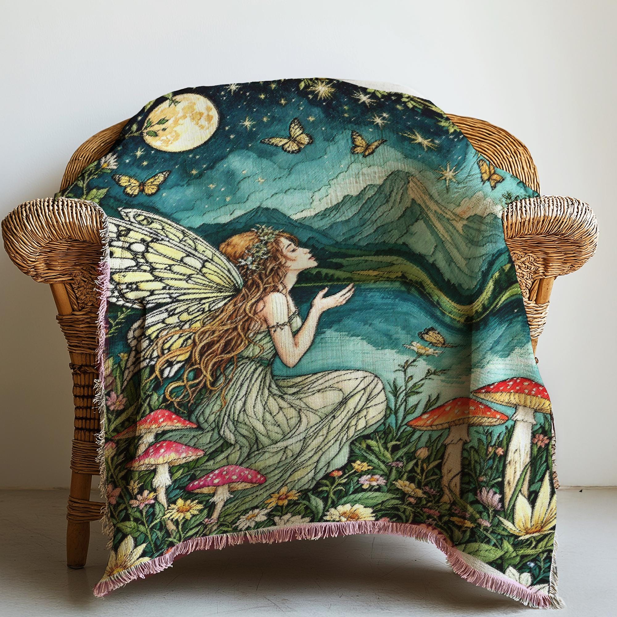 Mystic Moon Fairy Fringe Throw Blanket, Gothic Witchy Fringe Picnic Blanket, Cottagecore Woven Soft Flannel Throw, Bedroom Lounge Home Decor