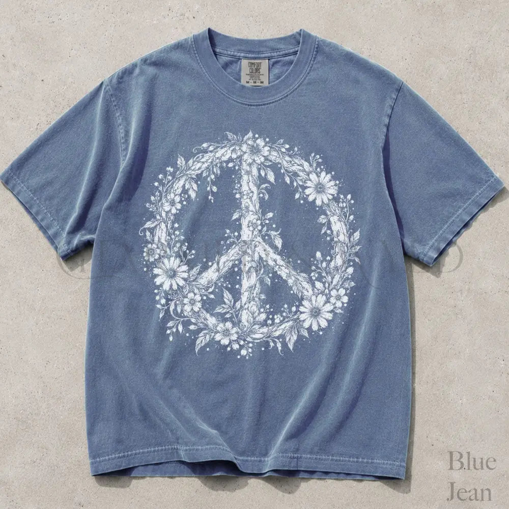 Floral Peace Comfort Colors T-Shirt - Blue Jean / S - T-Shirt