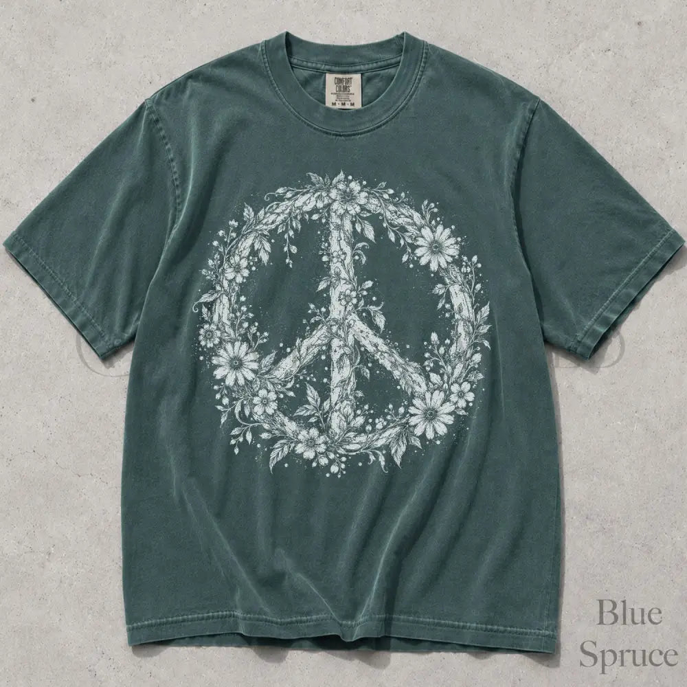 Floral Peace Comfort Colors T-Shirt - Blue Spruce / S - T-Shirt