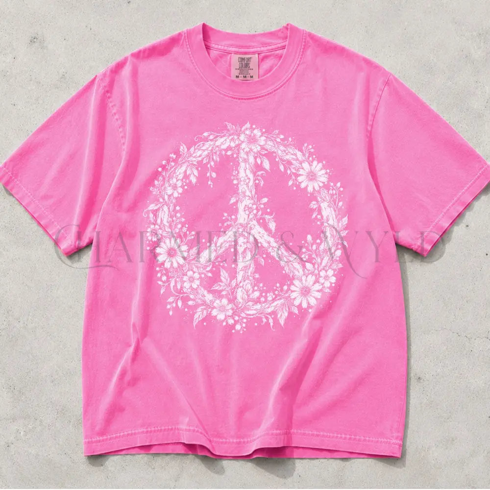 Floral Peace Comfort Colors T-Shirt - Neon Pink / S - T-Shirt