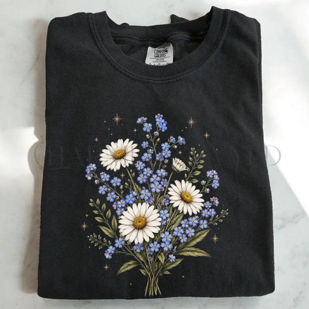 Forget Me Not Dasiy Floral T-Shirt - Black / S - T-Shirt