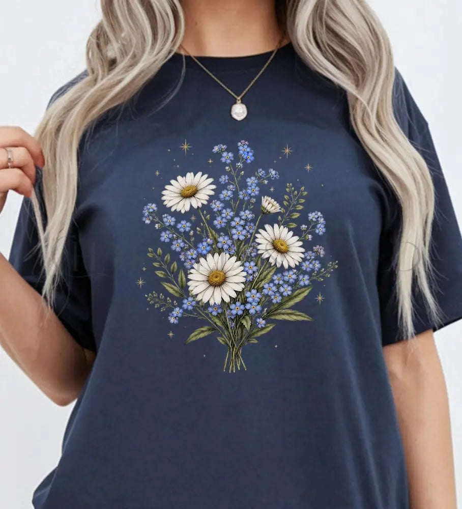 Forget Me Not Dasiy Floral T-Shirt - Navy / S - T-Shirt