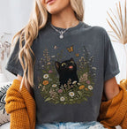 Funny Black Cat Butterfly Wildflower T-Shirt - T-Shirt