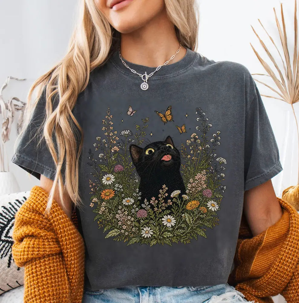 Funny Black Cat Butterfly Wildflower T-Shirt - T-Shirt