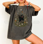 Funny Black Cat Butterfly Wildflower T-Shirt - T-Shirt