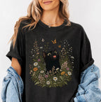 Funny Black Cat Butterfly Wildflower T-Shirt - T-Shirt
