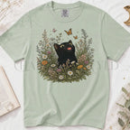 Funny Black Cat Butterfly Wildflower T-Shirt - Bay / S - T-Shirt