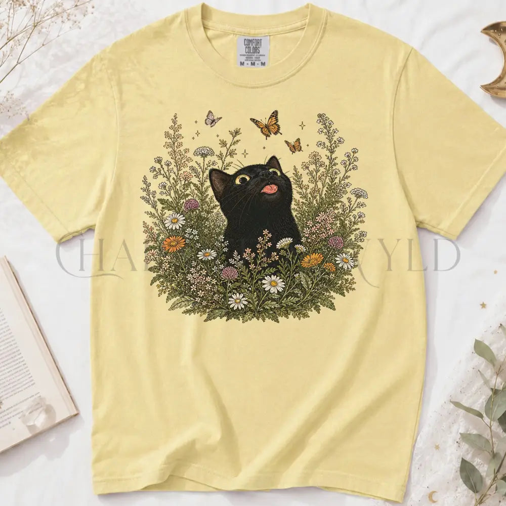 Funny Black Cat Butterfly Wildflower T-Shirt - Butter / S - T-Shirt