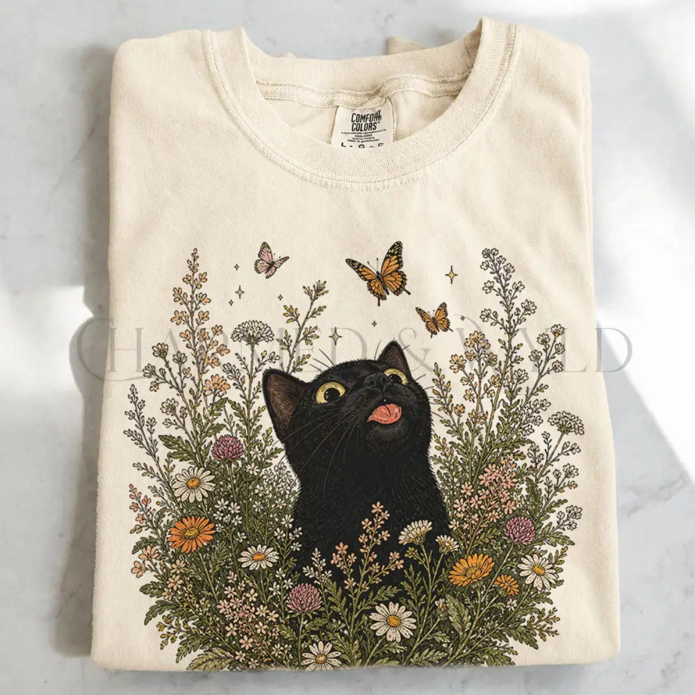 Funny Black Cat Butterfly Wildflower T-Shirt - Ivory / S - T-Shirt