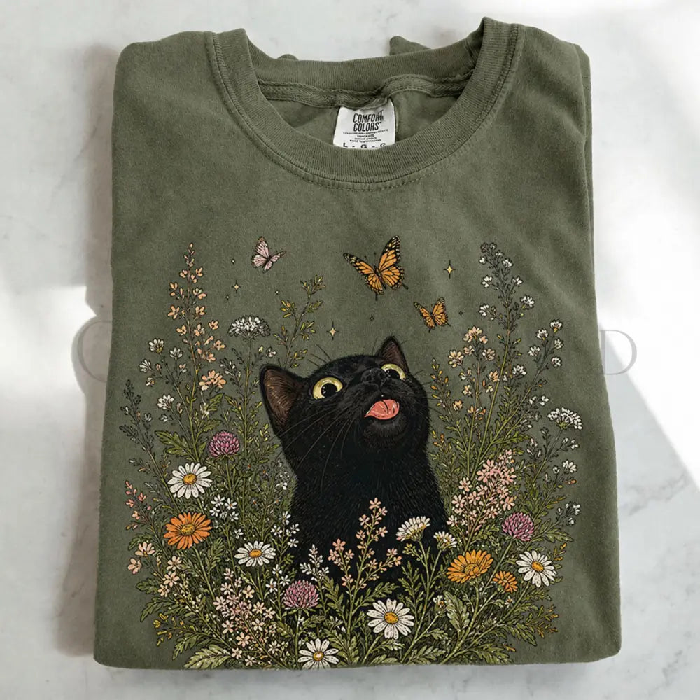 Funny Black Cat Butterfly Wildflower T-Shirt - Moss / S - T-Shirt