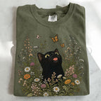 Funny Black Cat Butterfly Wildflower T-Shirt - Moss / S - T-Shirt