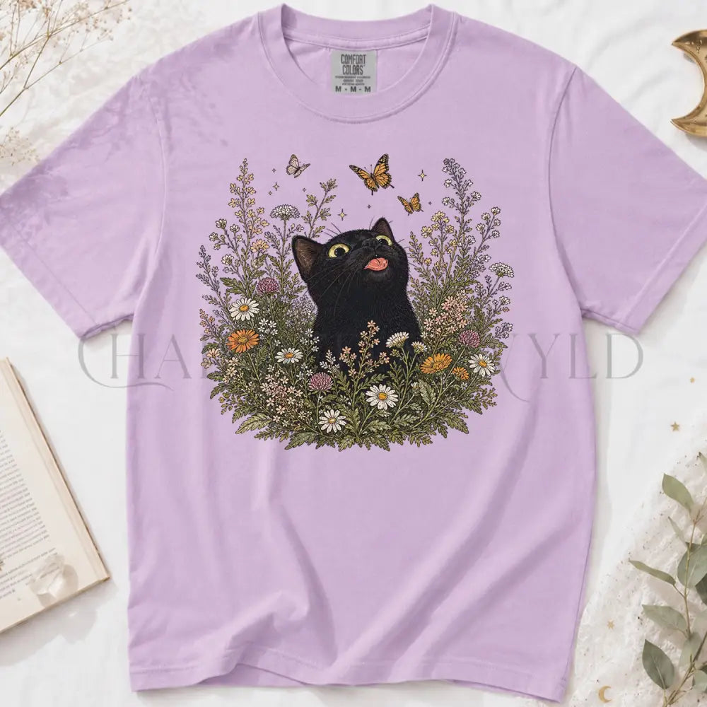 Funny Black Cat Butterfly Wildflower T-Shirt - Orchid / S - T-Shirt