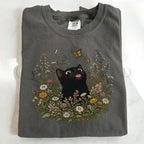 Funny Black Cat Butterfly Wildflower T-Shirt - Pepper / S - T-Shirt