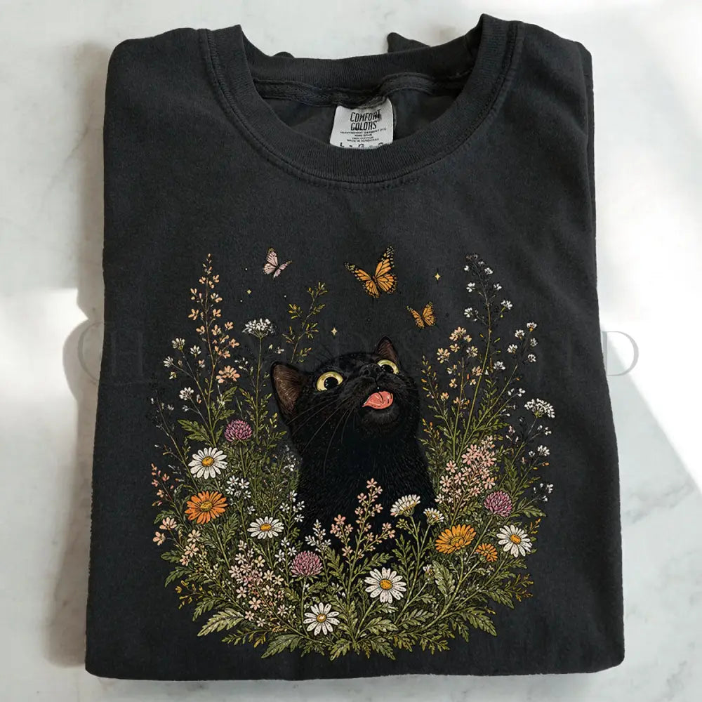 Funny Black Cat Butterfly Wildflower T-Shirt - Black / S - T-Shirt