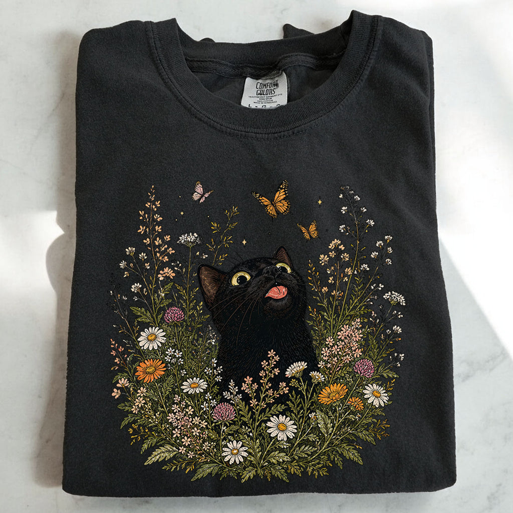 Funny Black Cat Butterfly Wildflower T-Shirt