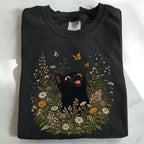 Funny Black Cat Butterfly Wildflower T-Shirt