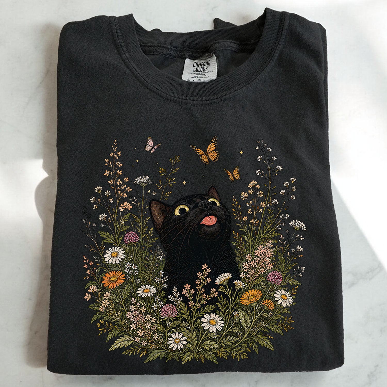 Funny Black Cat Butterfly Wildflower T-Shirt