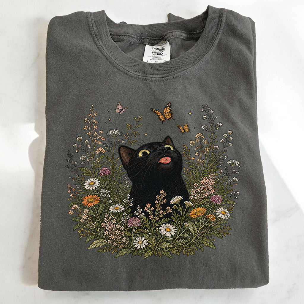 Funny Black Cat Butterfly Wildflower T-Shirt