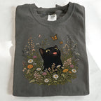 Funny Black Cat Butterfly Wildflower T-Shirt