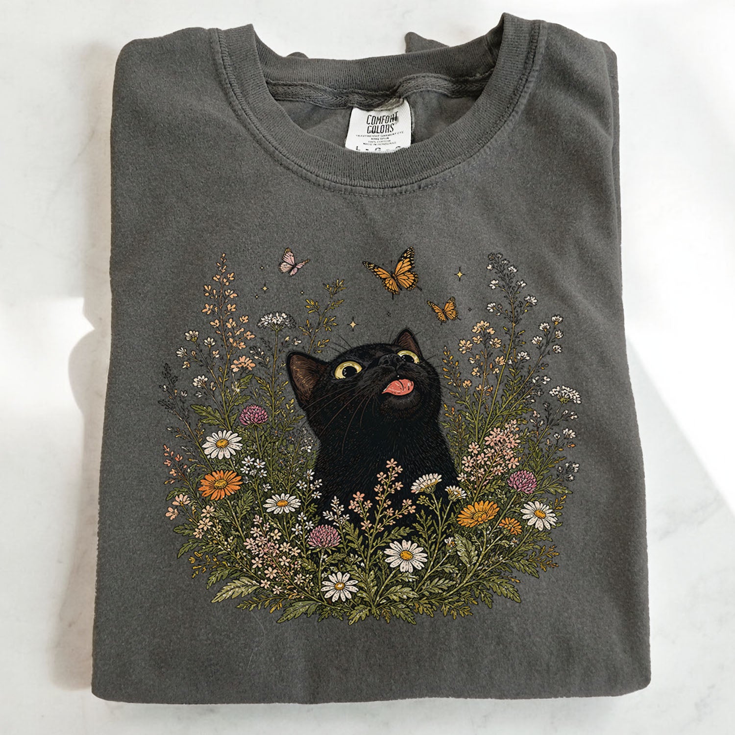 Funny Black Cat Butterfly Wildflower T-Shirt