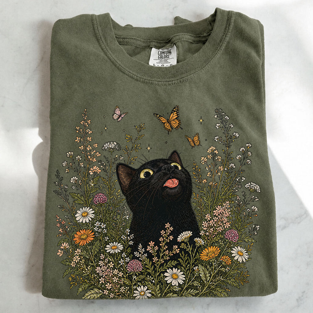 Funny Black Cat Butterfly Wildflower T-Shirt
