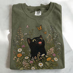 Funny Black Cat Butterfly Wildflower T-Shirt
