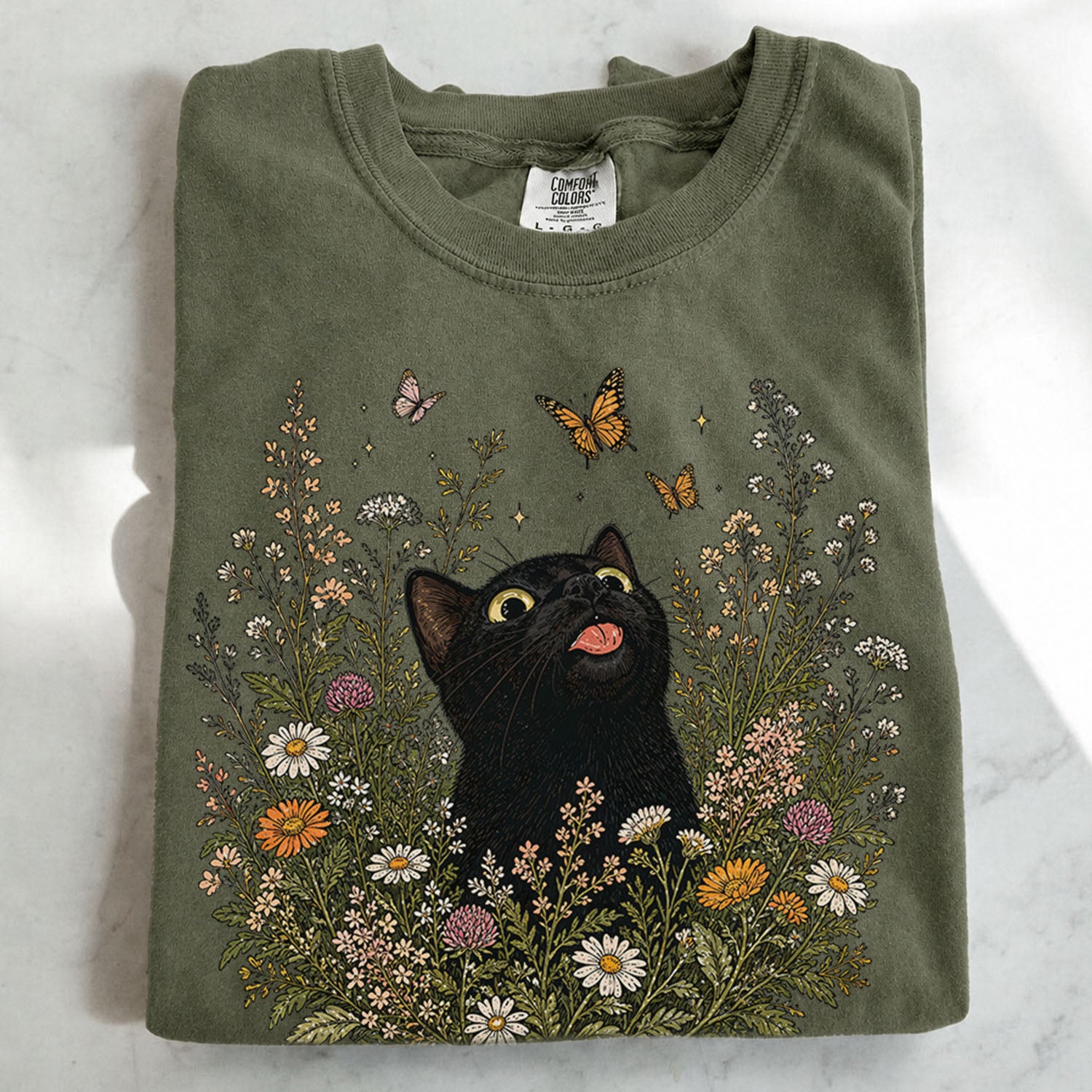 Funny Black Cat Butterfly Wildflower T-Shirt