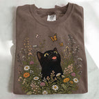 Funny Black Cat Butterfly Wildflower T-Shirt