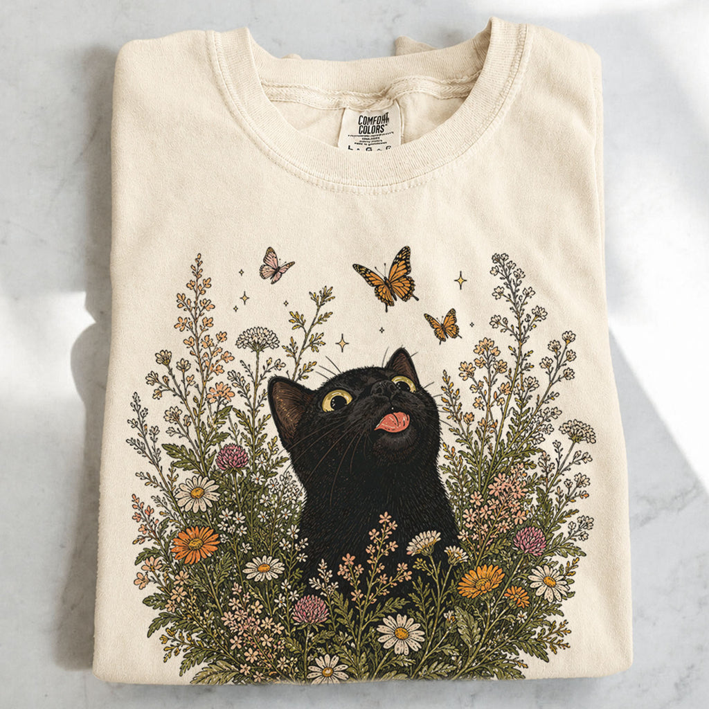 Funny Black Cat Butterfly Wildflower T-Shirt