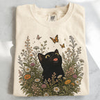 Funny Black Cat Butterfly Wildflower T-Shirt