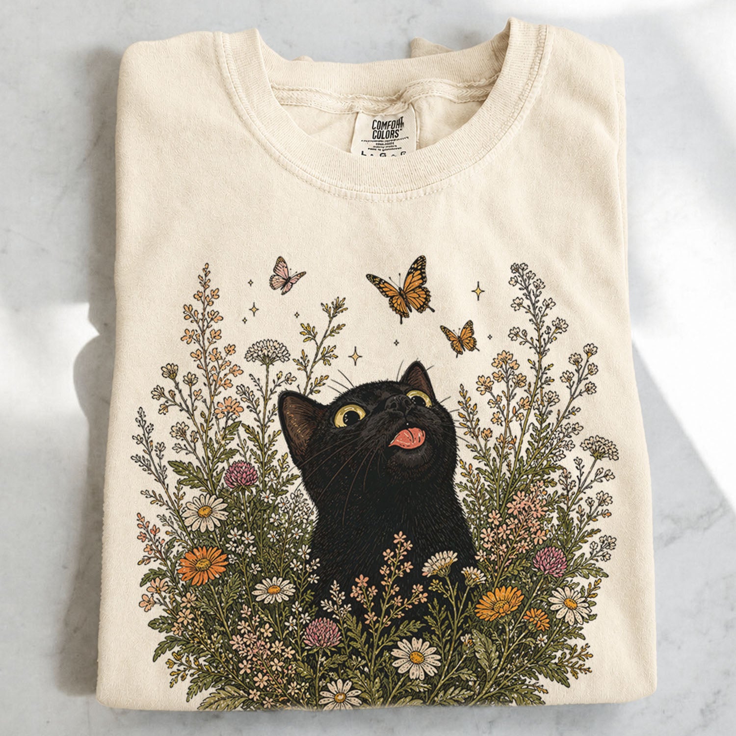 Funny Black Cat Butterfly Wildflower T-Shirt