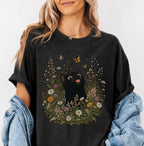 Funny Black Cat Butterfly Wildflower T-Shirt