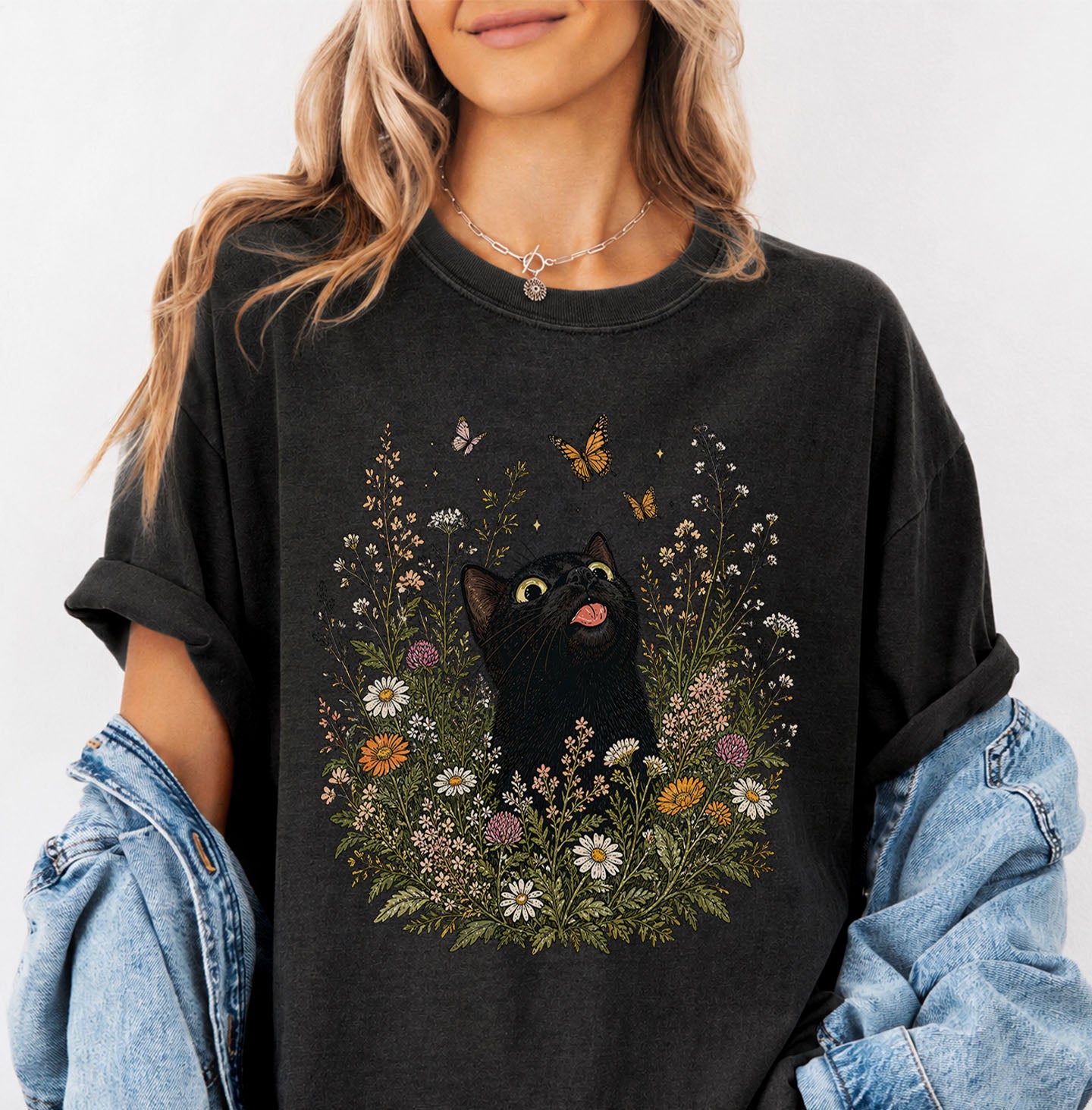 Funny Black Cat Butterfly Wildflower T-Shirt