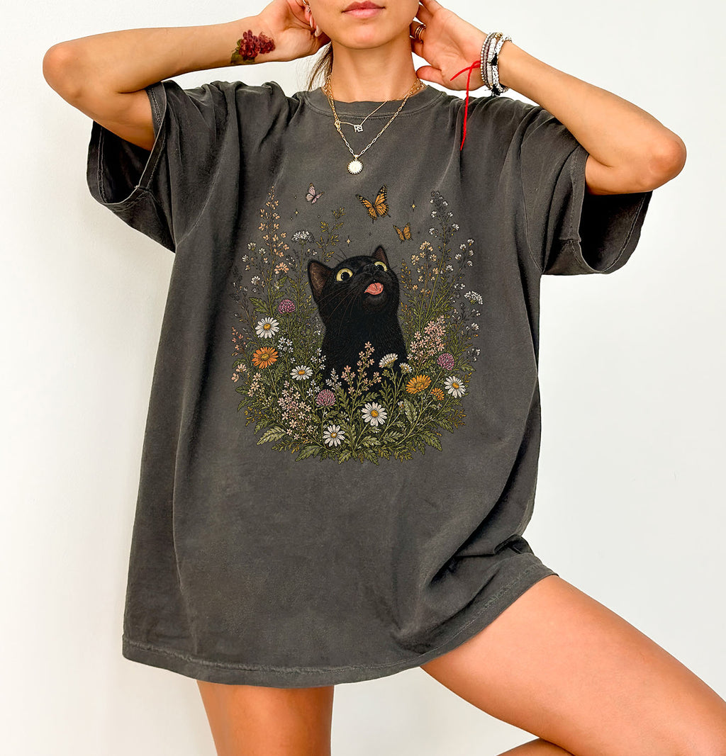 Funny Black Cat Butterfly Wildflower T-Shirt