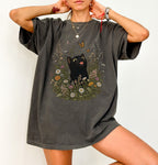 Funny Black Cat Butterfly Wildflower T-Shirt