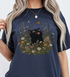 Funny Black Cat Butterfly Wildflower T-Shirt